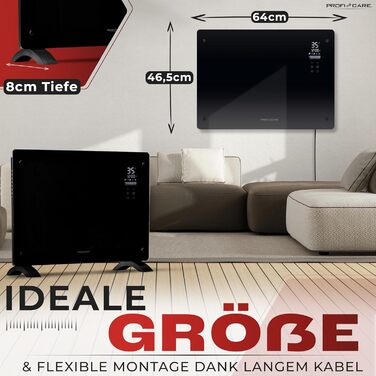 Електричний обігрівач ProfiCare зі скляною передньою частиною та X-подібним нагрівальним елементом портативний обігрівач, також підходить для настінного монтажу конвекторний обігрівач з 2 режимами нагріву безшумний нагрів - 0 дБ PC-GKH 3118 чорний