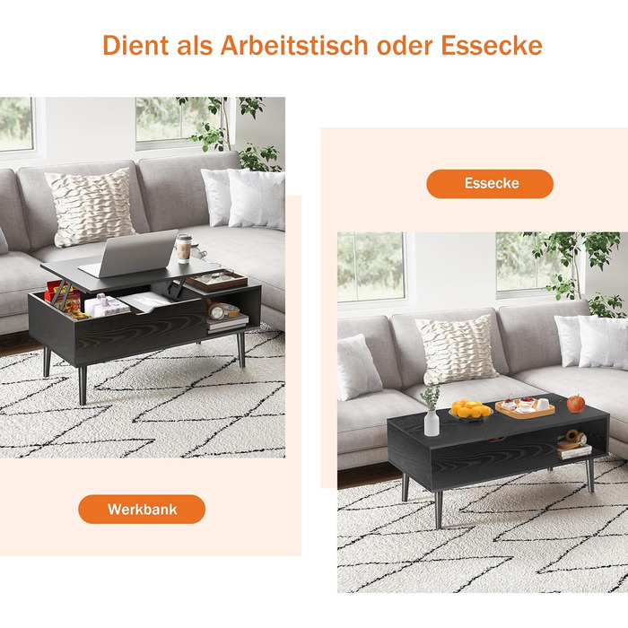 Журнальний столик Sweetcrispy з регульованою висотою, стіл для вітальні, журнальний столик з відкритим та прихованим місцем для зберігання, журнальний столик-диван, бічний столик, дерев&39яний столик-диван 100 x 50 см для вітальні, чорний/темно-чорний