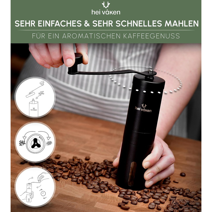 Ручна кавомолка HEI Vken з конічною кавомолкою - Регульований помел - Ручна кавомолка з нержавіючої сталі для дому та в дорозі