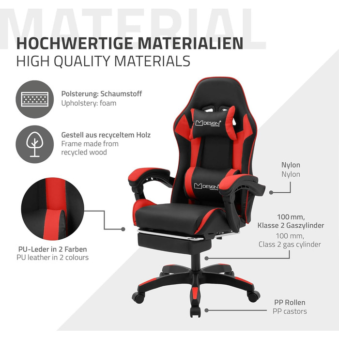 Ігрове крісло ML-Design з підставкою для ніг, червоне, штучна шкіра, ергономічне офісне крісло з підлокітниками, підголівником, поперековою опорою, регульоване поворотне крісло, гоночне ігрове крісло, стілець для офісу, поворотне крісло
