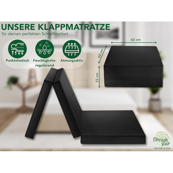 Матрац DREAMSTAR Easy Night Folding 3-секційний складний гостьовий матрац Можна прати Ортопедичні подушки Сертифіковано Oeko-TEX 60 x 190 см