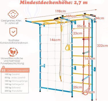 Дитяча стінка-бруси COSTWAY 7 в 1, металева стінка для скелелазіння з турніком, драбиною, мотузковою та сітчастою стінкою, лазальня для приміщень, гімнастична стінка для дітей та дорослих, вантажопідйомність 200 кг