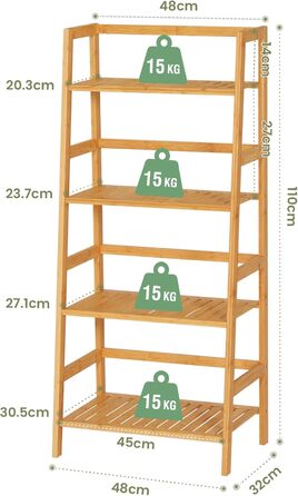 Полиця для ванної кімнати VIAGDO, полиця-драбина з 4 ярусами, книжкова полиця, полиця для взуття, полиця для рослин, полиця для балкону, полиця для квітів, багатофункціональна бамбукова полиця для невеликих приміщень, натуральний бамбук