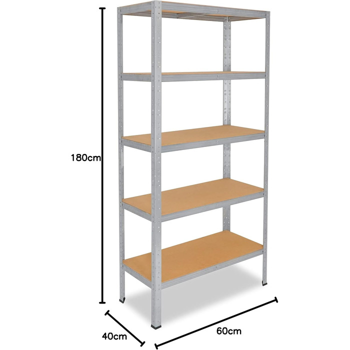 Міцний домашній стелаж, оцинкований/металевий стелаж з 5 полицями/металевий стелаж для підвалу, гаражний стелаж, стелаж для майстерні або стелаж для зберігання/навісний стелаж, металевий, вантажопідйомністю 175 кг, В 180 см / Ш 60 см / Г 40 см, 180x60x40