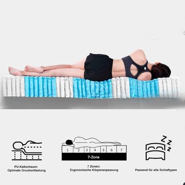 Матрац LAMB 90x200 см пружинний матрац кишенькової форми 7-зонний висота 20 см рівень жорсткості H4 медичний ортопедичний пружинний матрац з чохлом з піни та мікрофібри, сірий матрац для дорослих 90x200x20 сірий H4