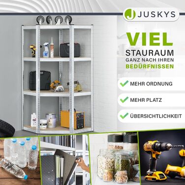 Кутовий стелаж Juskys Corner Easy 160 x 75 x 40-75 см - 320 кг - 4 полиці з МДФ - оцинкований метал - міцний стелаж, вставний стелаж, полиця для підвалу, сріблястий