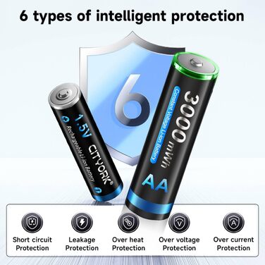 Акумуляторні літій-іонні батареї CITYORK AA, 4 акумуляторні батареї 1,5 В AA ємністю 3000 мВтгод, з 4-слотовим РК-дисплеєм Smart Charger, зарядний пристрій Micro USB, функція швидкої зарядки для автомобіля