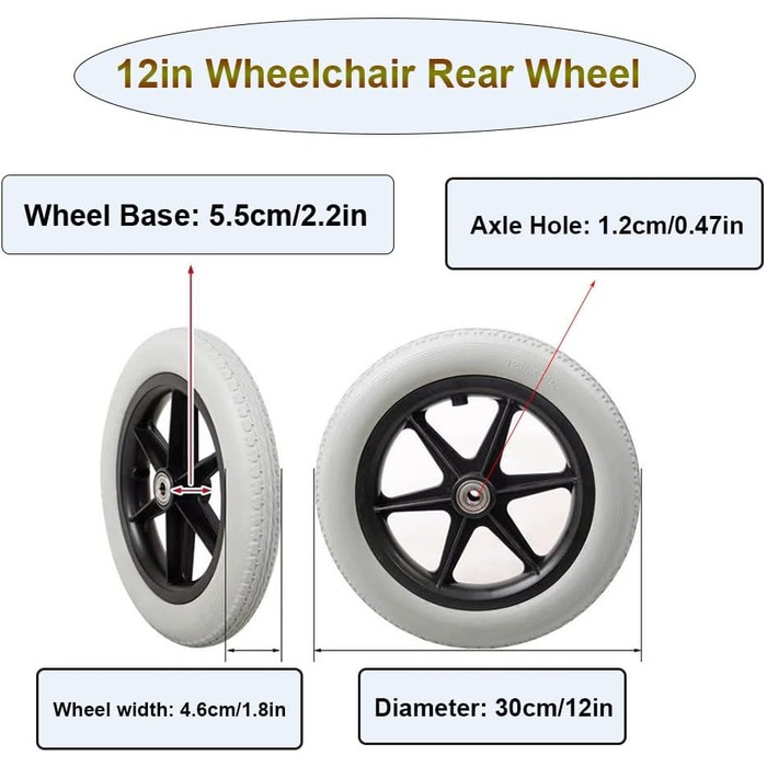 См/12 дюймів Заміна заднього колеса для інвалідного візка Суцільна шина Протиковзке заднє колесо для інвалідного візка 2 шт. и Сірі колеса, стійкі до стирання, 30