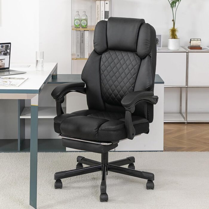 Ергономічне офісне крісло, масажне та підігріте крісло, обертове крісло з підставкою для ніг, меблі для кабінету, крісло для ПК, крісло керівника, тип PU (чорний)