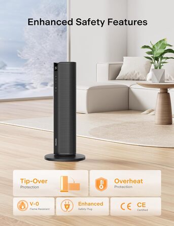 Електричний вентилятор-обігрівач PELONIS Tower Heater 2000 Вт з пультом дистанційного керування, швидкий нагрів 2S, коливання 75, еко-режим, захист від перегріву та перекидання, тихий керамічний обігрівач для спальні та офісу, 23 дюйми, чорний