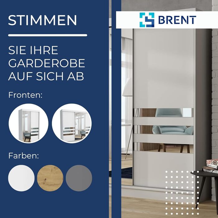 Брент - Шафа з дзеркалом Henry, ширина 250 см, шафа для спальні з 1 рейкою для одягу та полицями для одягу, шафа сірого кольору 250 см сірого кольору