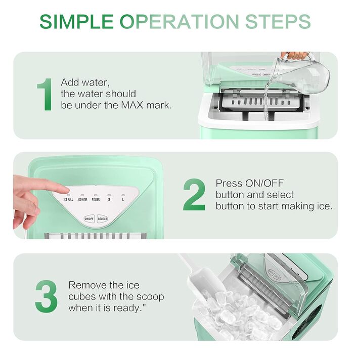 Машина для виробництва кубиків льоду Міні портативна, 15 кг / 24 год, компактна стільниця машини для виробництва кубиків льоду, 6-хвилинна швидка машина для морозива, самоочисний льодогенератор для дому, сріблястий, зелений