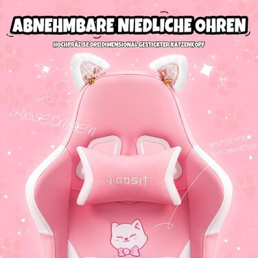 Миле ігрове крісло з поперековою подушкою у формі котячої лапи та котячими вушками, ергономічне ігрове крісло з підставкою для ніг, регульоване ігрове крісло для ПК для дівчаток, підлітків, дітей, рожеве