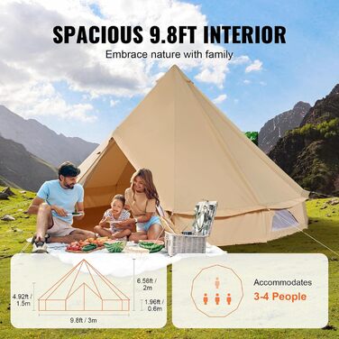 Намет VEVOR Bell Tent 3 x 2 м, юрта, бавовна з термостійкого матеріалу та міцні залізні стійки з ПВХ підлогою, сімейний намет на 8 вікон, груповий намет для пригод на свіжому повітрі