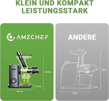 Соковижималка з великим заливним жолобом для цілих фруктів і овочів - Міцна соковижималка для замішування з нержавіючої сталі Green 150W