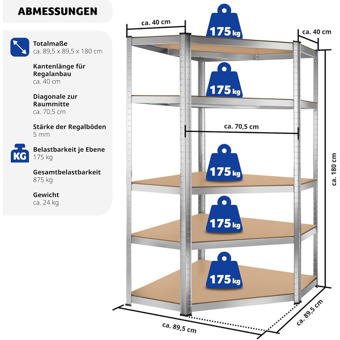 Стелаж для майстерні tectake, міцний кутовий стелаж з 5 полицями, металевий стелаж для зберігання, стелаж для підвалу, аксесуари для гаража, органайзер для складського приміщення, стелаж без болтів, для зберігання, вантажний стелаж - 875 кг, 180 x 89,5 x 