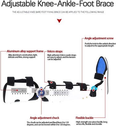 Регульований колінно-гомілковостопний ортез, фіксований жорсткий стегновий колінний суглоб гомілковостопний бандаж та іммобілізатор гомілковостопного суглоба, для артриту, травм суглобів та ортопедичної реабілітації Біла ліва нога