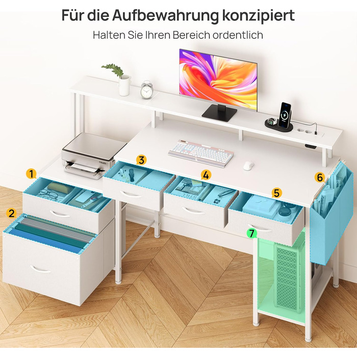 Письмовий стіл Rolanstar з розеткою, комп&39ютерний стіл з 5 шухлядами, світлодіодним освітленням, сумкою для зберігання та підставкою для монітора, сучасний кутовий стіл для домашнього офісу та ігор (білий)