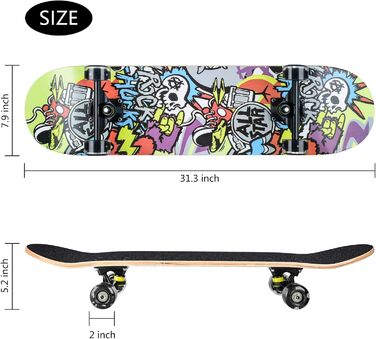 Повний скейтборд White-123 78.7 x 20.3 см - 8-шарова дека з клена, ABEC-11 підшипники, блискучі PU колеса, для дітей, підлітків та дорослих, білий дизайн