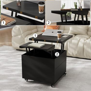 Журнальний столик VOWNER з регульованою висотою, багатофункціональний журнальний столик 3-в-1, який можна перетворити на стіл для вітальні/обідньої кімнати, журнальний столик із прихованим місцем для зберігання, 120Д x 60Ш x 68В см (чорний)
