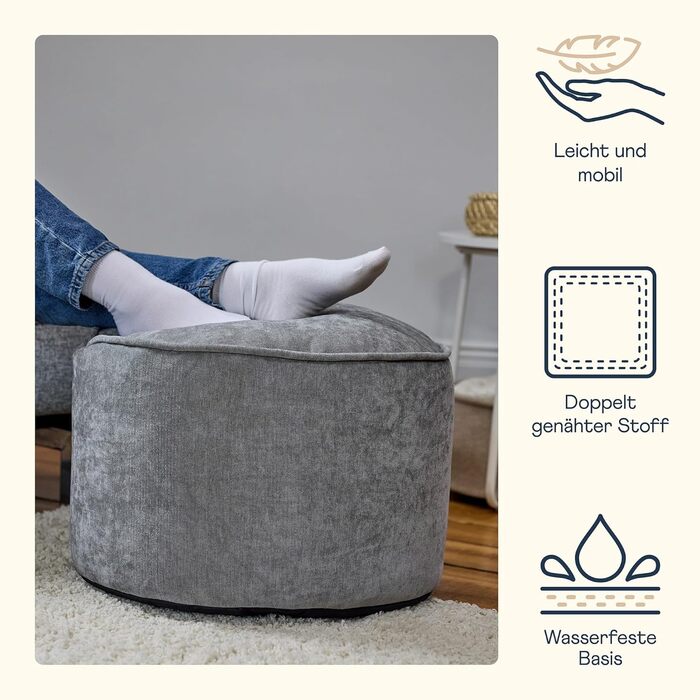 Табурет Icon Milano, сірий, пухнаста тканина з шенилу, оксамитова крісла-мішок, пуф-табурет з наповнювачем, пуф для ніг для вітальні, декор для вітальні