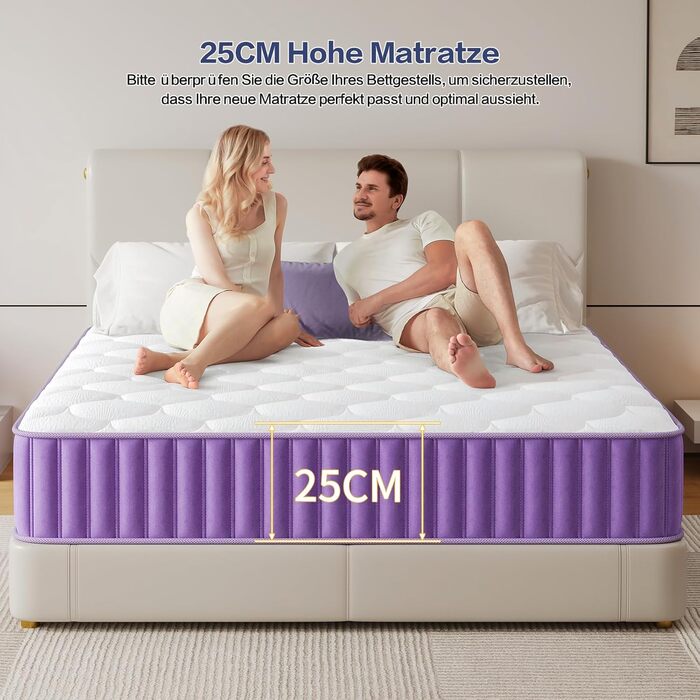 Матрац 160x200 см, рівень жорсткості H4, пружинний матрац, висота 25 см з піною з ефектом пам&39яті, 7-зонний пружинний матрац кишенькової форми з високоякісною піною для підтримки спини, ергономічна підтримка, 160x200x25 см, 25 см (фіолетовий)