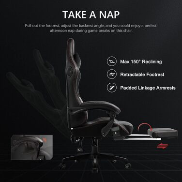 Ігрове крісло GTPLAYER, Ігрове крісло, Робоче крісло, Крісло для ПК-геймерів з підставкою для ніг, Динаміки, Музичне, Офісне крісло, Витримує до 151 кг, Стандартний розмір, Чорно-червоне