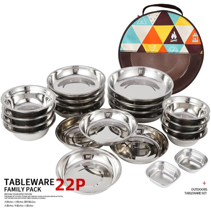 Набір посуду для кемпінгу на 22 частини, портативний похідний набір, полірований посуд з нержавіючої сталі, столові прибори для туризму та походів