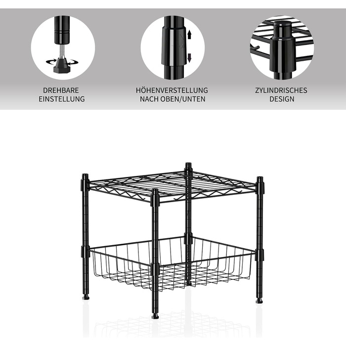 Металева стійка для зберігання, регульована штабелювальна стійка, штабелювана та розширювана стелажна система, міцна стелажна система для зберігання, полиця-органайзер для шафи (чорна, 2 рівні)