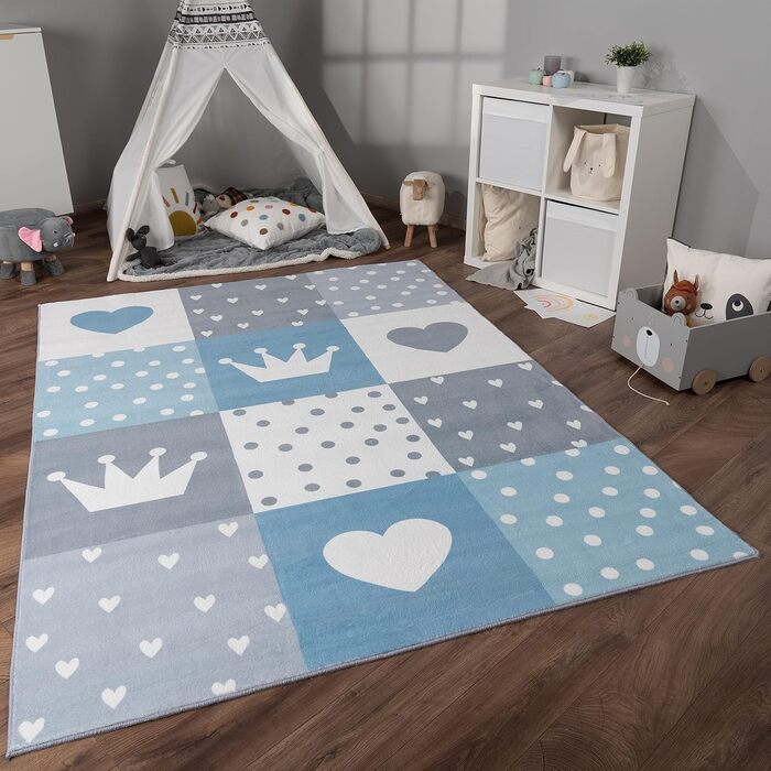 Дитяча кімната дитячий килим ігровий килим з коротким ворсом нековзний корона серця крапки сонце веселка літери, розмір 140x200 см