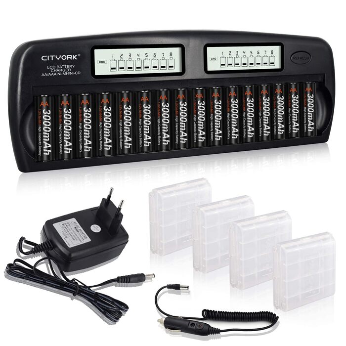 Швидкий зарядний пристрій CITYORK - інтегрований захист із РК-дисплеєм - для нікель-металгідридних акумуляторів типу AA AAA, включаючи 16 нікель-металгідридних акумуляторів типу AA 3000 мАг, корпус для акумулятора