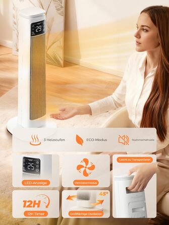 Енергозберігаючий вентилятор-обігрівач, керамічний вентилятор-обігрівач PTC потужністю 2000 Вт, тиха робота, режим ECO для низького енергоспоживання, пульт дистанційного керування, таймер, захист від перегріву та перекидання, електричний обігрівач для дом