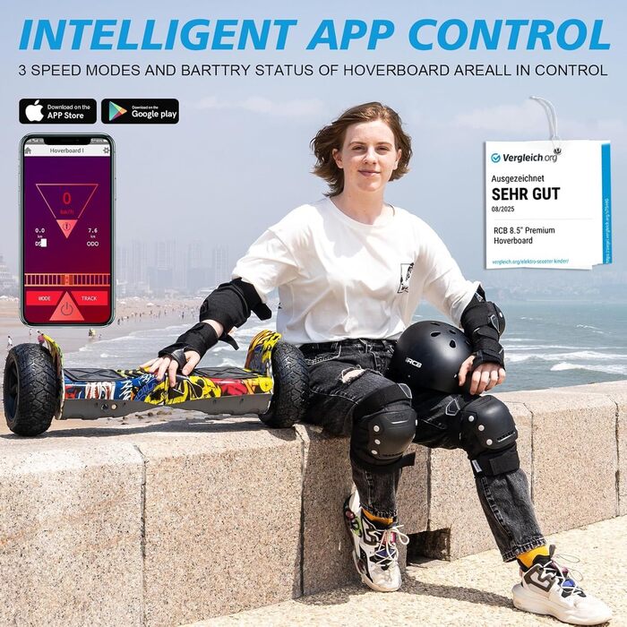 Позашляховий ховерборд преміум-класу RCB 8,5 дюймів – з керуванням через додаток, вбудованим LED та Bluetooth, потужним двигуном, електричний off-road для дітей у стилі хіп-хоп