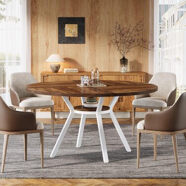 Круглий обідній стіл Tribesigns для 4 осіб, круглий обідній стіл 120 см з металевою основою, кухонний стіл з полицею для зберігання для дому, їдальні, вітальні, білий (коричневий)