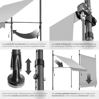 Маркиза tectake з кріпленням та ручним приводом, балконна маркізка без свердління, регульована по висоті, стійка до ультрафіолету, водовідштовхувальна, навіс для патіо, сонцезахист для патіо та балкону, ширина 150 см - світло-сірий