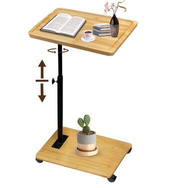 С-подібний журнальний столик, бамбук та метал, сучасний, регульований по висоті з колесами невеликий журнальний столик, тумбочка для ліжка, столик для дивана, тумбочка, туалетний столик для вітальні, спальні, ванної кімнати