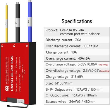 Окрема плата захисту друкованої плати з портом та балансувальний провід для акумуляторного блоку Lifepo4 та системи живлення електроенергії, 4 BMS 8S 24V 30A