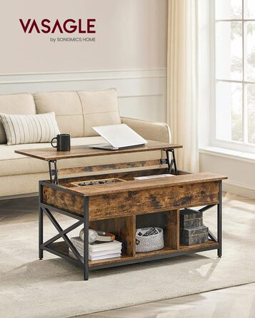 Журнальний столик VASAGLE, стіл для вітальні з регульованою висотою, журнальний столик, відкрите та приховане місце для зберігання, X-подібні стійки, 60 x 100 x (48-62) см, вінтажний коричнево-чорний LCT205B01 60 x 100 x (48-62) см Коричневий