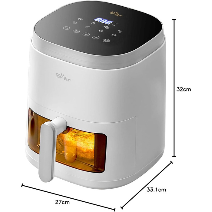 Вертикальна повітряна сковорода Bear 5 л, 7 програм, вологе випікання з безмасляним водяним туманом 1500-1750 Вт, цифровий дисплей зі світлодіодним сенсорним екраном, доступний для 6 осіб, енергозберігаюче гаряче повітря з підказкою перевертання їжі