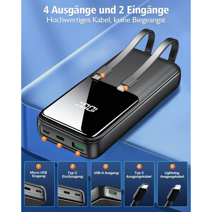 Портативний зарядний пристрій ємністю 26800 мАг, 22,5 Вт із USB-C та швидкою зарядкою, 3 порти та 2 вбудовані кабелі, зовнішній акумулятор, сумісний з iPhone 17 16 15 14 13 Android, чорний