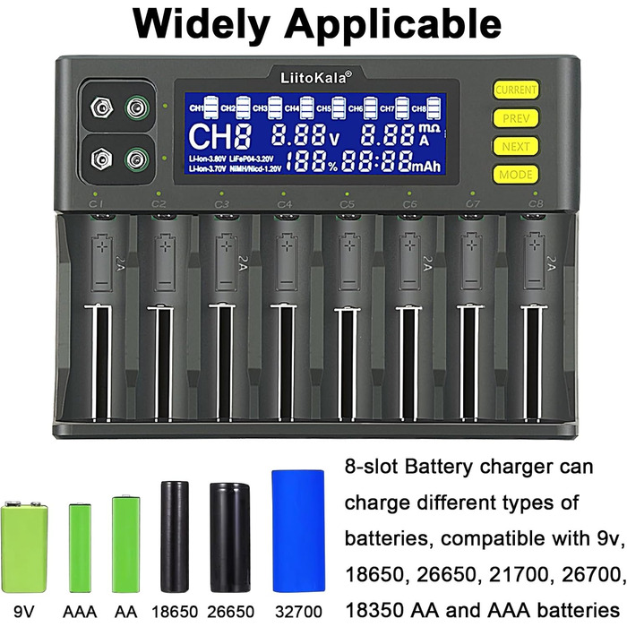 Зарядний пристрій LiitoKala Lii-S8, швидкий зарядний пристрій з РК-дисплеєм та сенсорним керуванням, 18650, 8 слотів, зарядний пристрій 9V для Li-ion, LiFePO4, Ni-MH, Ni-Cd, AA, AAA, C, 21700, 26650, 13650, 16340, 18700, RCR123