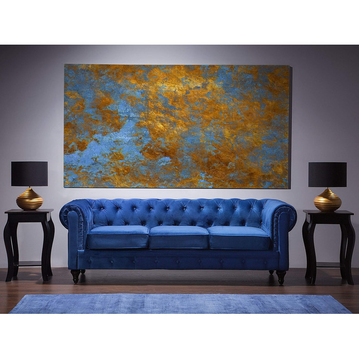 Місний диван Beliani, оксамит, синій, товсті подушки сидіння, підлокітники, ґудзикова обробка, стиль Честерфілд, 3-