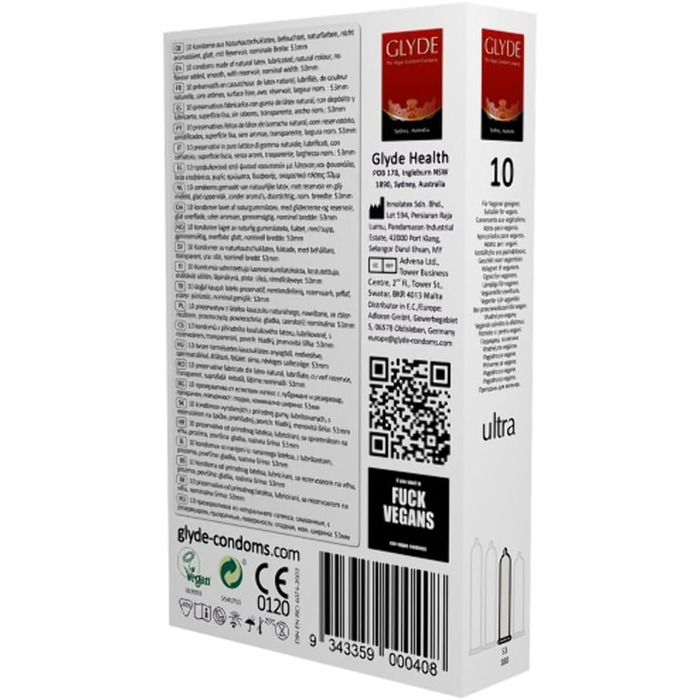 Веганські презервативи Glyde Ultra Natural 10 без казеїну, сертифіковані Vegan Flower.