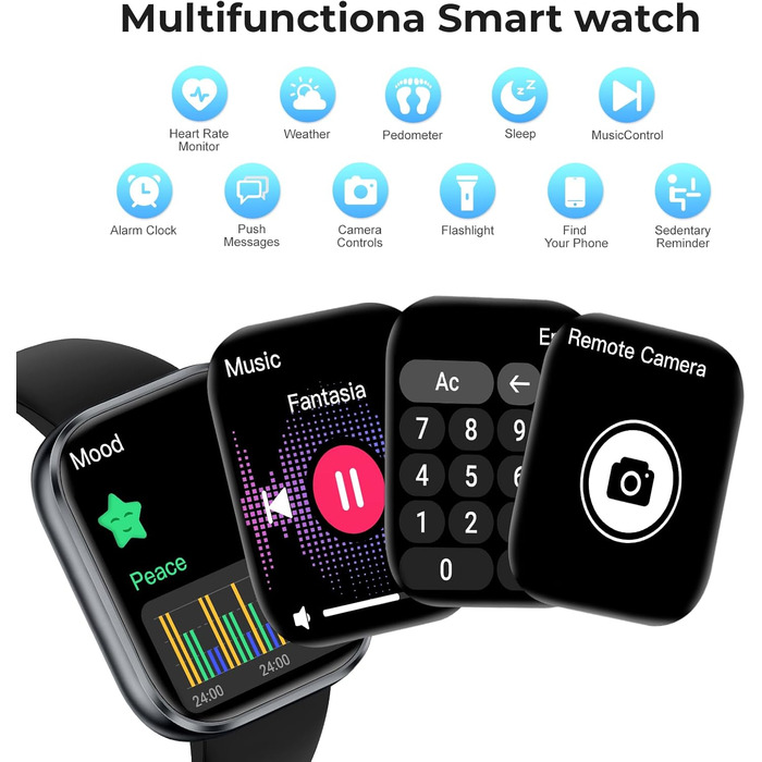 Розумний годинник для чоловіків та жінок, 1,83-дюймовий HD сенсорний розумний годинник, Bluetooth-дзвінки, понад 110 спортивних режимів, фітнес-годинник з пульсометром/монітором сну/крокоміром, водонепроникний спортивний годинник IP68 для Android/iOS, чор