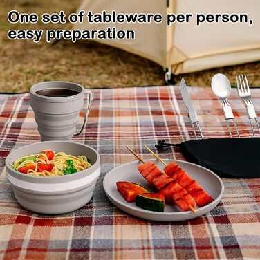 Складаний похідний набір посуду на 6 осіб з нержавіючої сталі (ніж, ложка, виделка), чашка, миска, тарілка та сітчастий мішок ідеально підходить для подорожей, кемпінгу, пікніків та активного відпочинку.