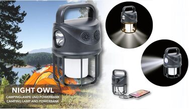 Ліхтарик для кемпінгу та зовнішній акумулятор TROIKA NIGHT OWL, що перезаряджається, з трьома різними режимами освітлення (регульована яскравість) та функцією миготіння холодний білий, теплий білий, ліхтарик, вхід 4000 мАг, вихід 5 В пластик