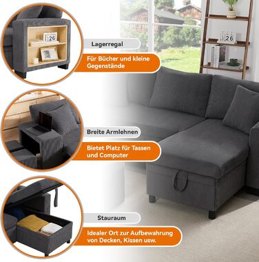 Кутовий диван Merax з функцією сну, практичний розкладний диван з ящиком для зберігання та USB-роз&39ємом, розкладний диван з місцем для зберігання, бічними полицями, сучасний L-подібний диван для вітальні, спальні, сірий B-сірий (з бічними полицями)