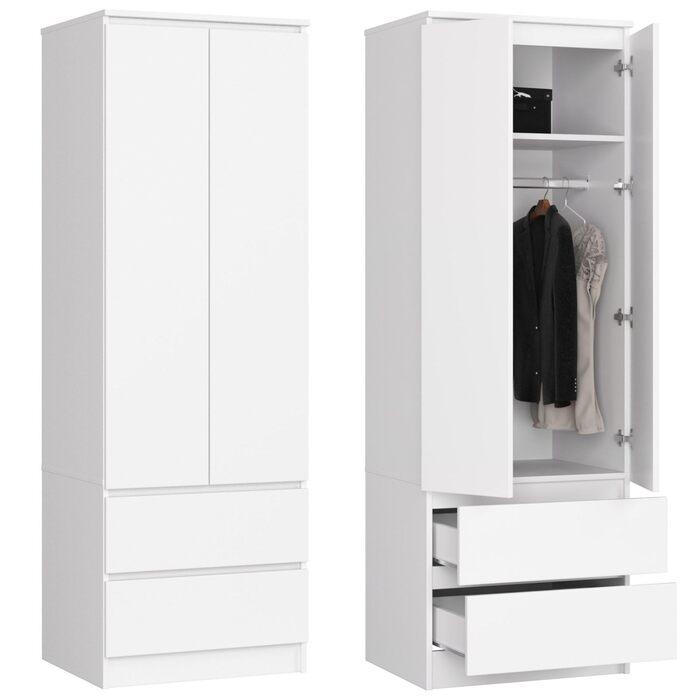 Шафа Home Collective, біла, ширина 60 см, висота 180 см, з 2 дверима та 2 шухлядами, вішалкою для одягу та 1 полицею, шафа, спальня, вітальня, 2 двері - 2 шухляди, білий