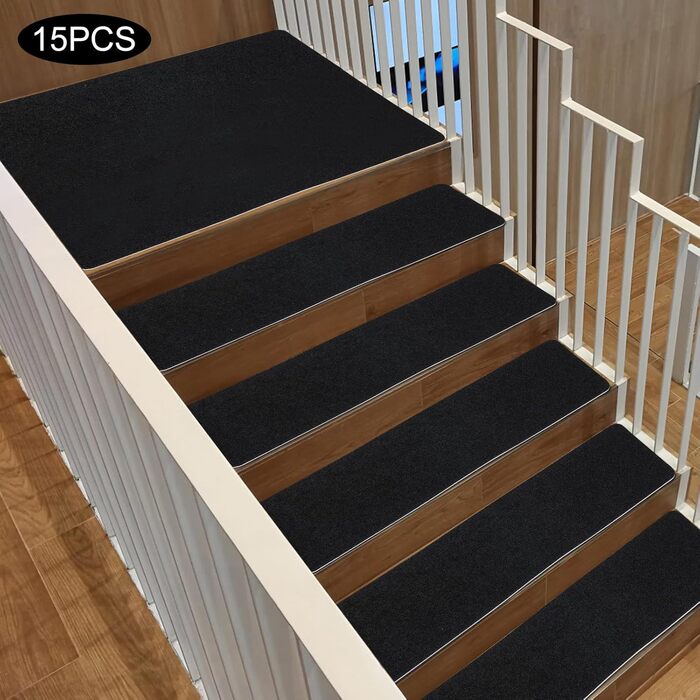 Комплект із 15 фетрових сходинок, 60x12 см, самоклеючі, чорні, нековзні, шумопоглинаючі для використання всередині приміщень, безпечні для дітей та домашніх тварин, килимове покриття для сходів