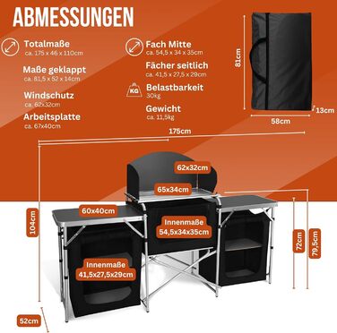 Кемпінгова шафа, кемпінговий тент на відкритому повітрі, кемпінгові меблі, кемпінгова кухня, складна, дорожня кухня, кухонна шафа з робочою поверхнею та відділеннями для зберігання на відкритому повітрі, тент, караван 175x104x52